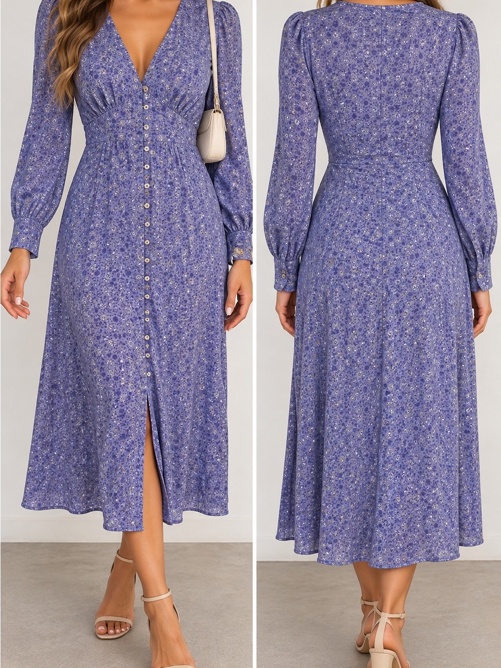 Réalisation Par Purple Floral 100% Silk Button Front Midi Dress
